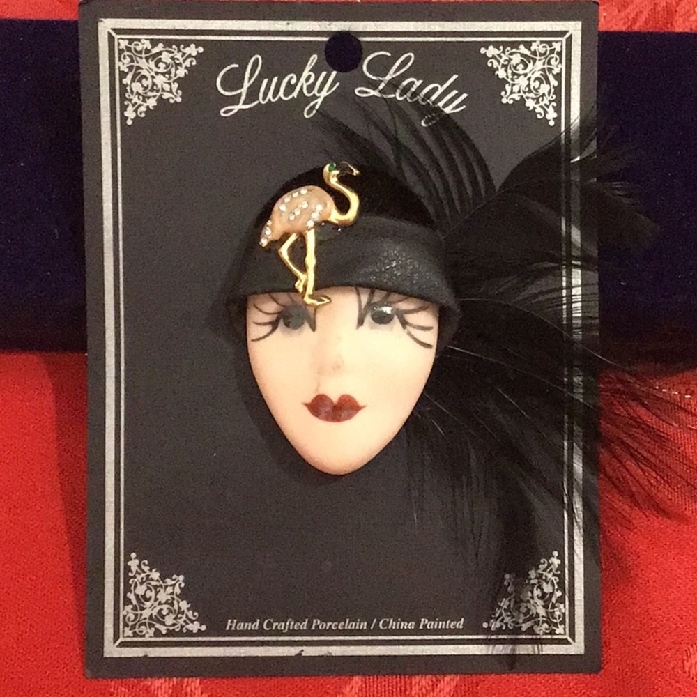 Art Deco Porcelain Lady Brooch w/ Flamingo & Feathers | Hand Painted | NWT